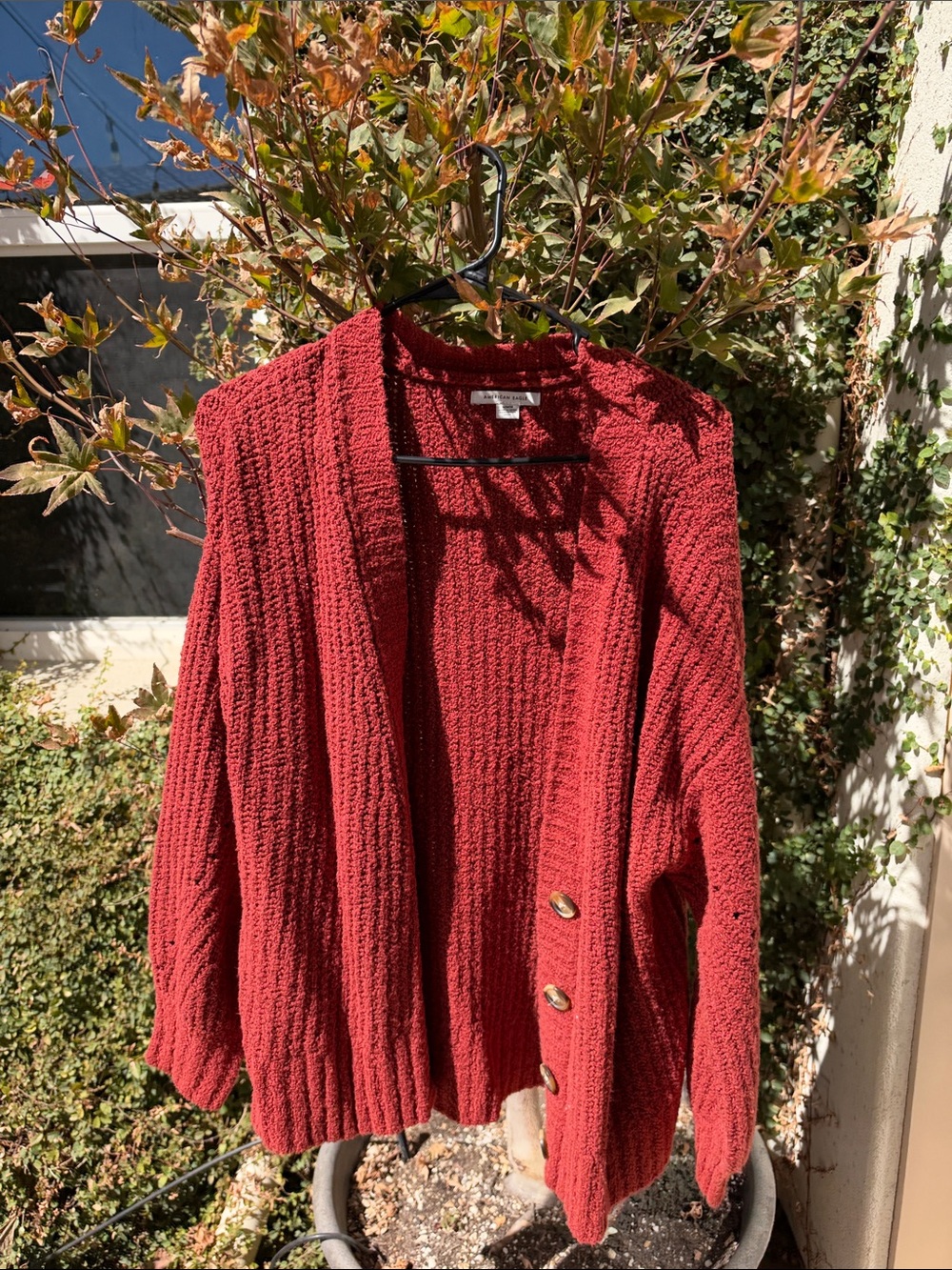 American Eagle Outfitters burnt orange/ auburn Ribbed Button-Front Cardigan